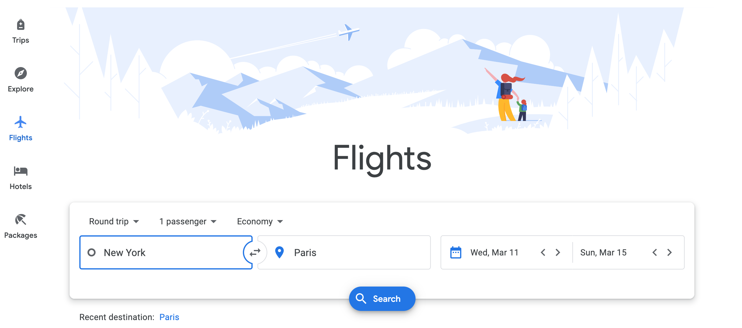 Google Flights Home Screen