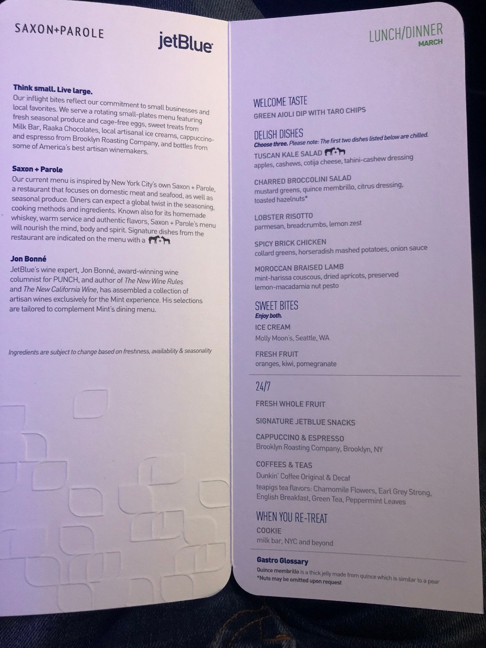 JetBlue Mint Menu